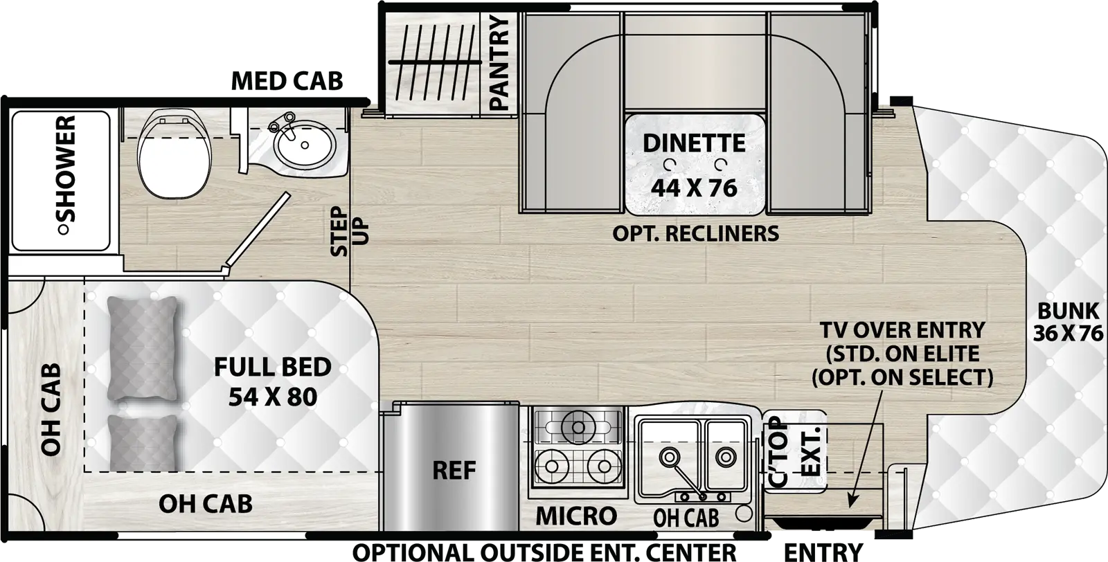 The Prism 24CBE SELECT has 1 slideout located on the off-door side and 1 entry door. Interior layout from front to back; front 36 inch by 76 inch bunk; door side kitchen with stovetop with microwave, overhead cabinets, double basin sink, refrigerator and counter extension; off-door  44 inch by 76 inch U-dinette, next to pantry; rear door side 54 inch by 80 inch foot facing full bed with overhead cabinets; rear off-door side bathroom with shower, sink, toilet and medicine cabinet. TV over entry is standard on Elite and Optional on select; Optional Exterior door side entertainment center; optional recliners in place of dinette.